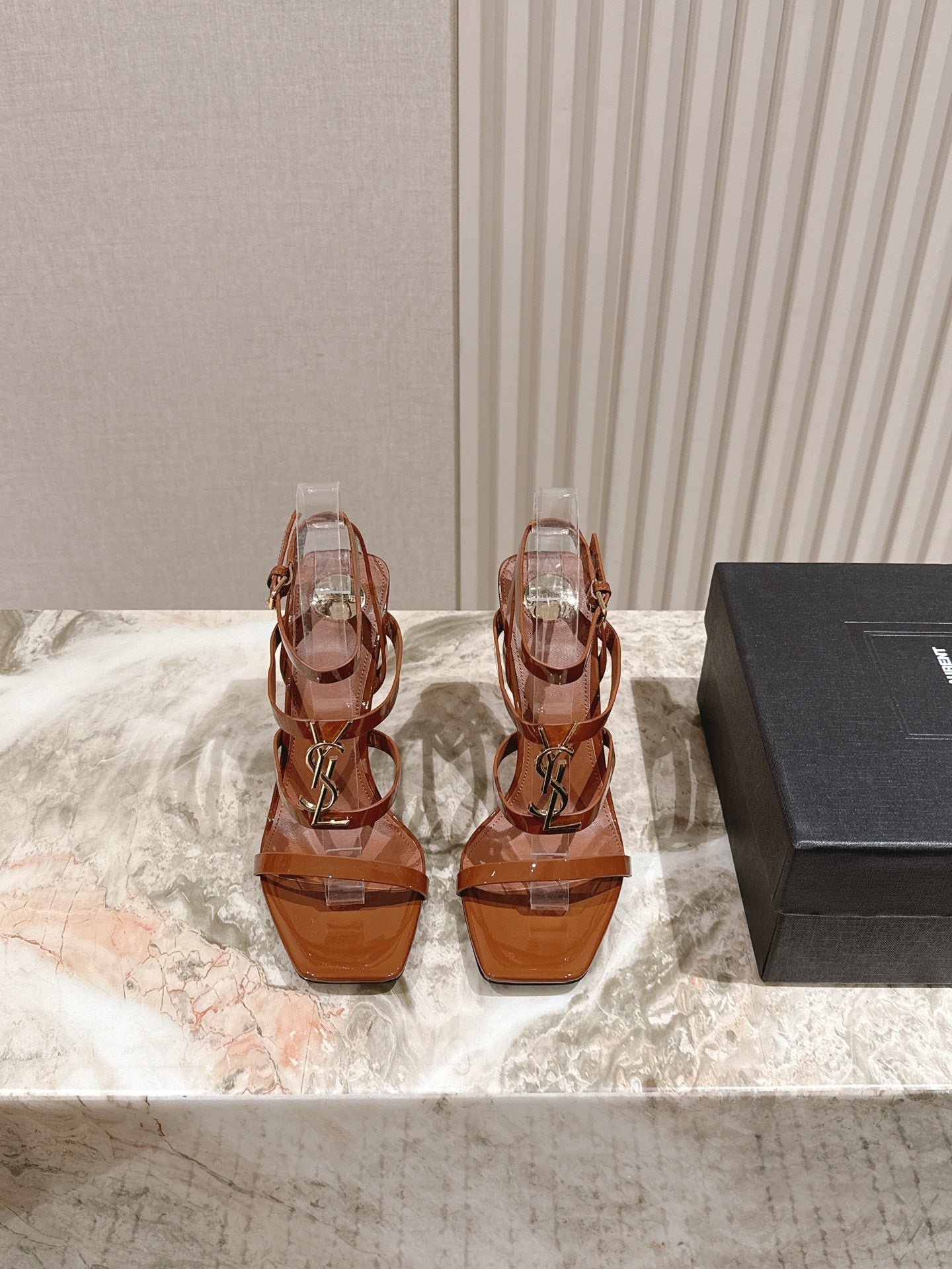 YSL 25S STILETTO HIGH-HEEL SANDALS 100 MM IN BROWN LAMBSKIN WITH GOLD HARDWARE