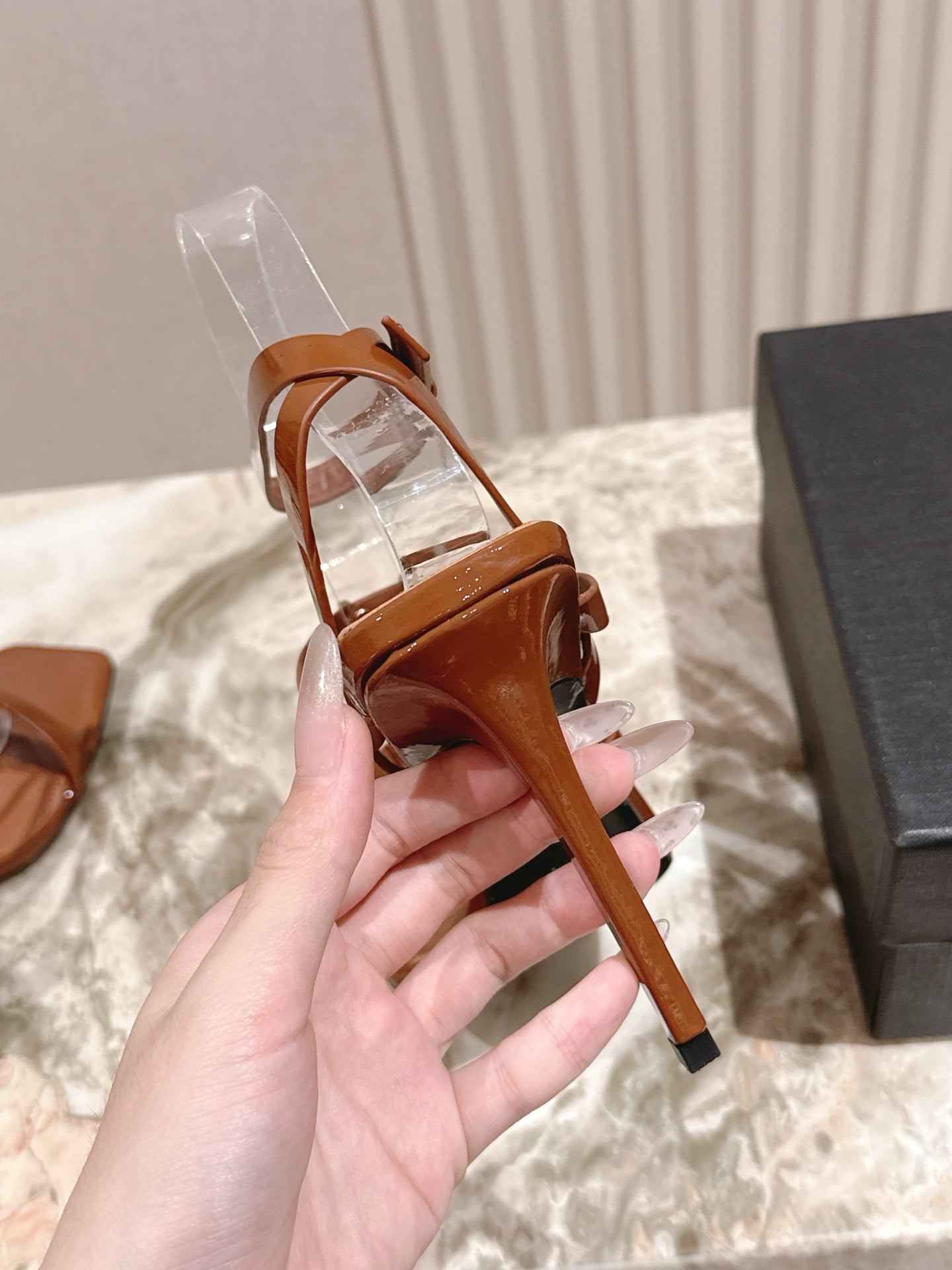 YSL 25S STILETTO HIGH-HEEL SANDALS 100 MM IN BROWN LAMBSKIN WITH GOLD HARDWARE