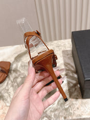 YSL 25S STILETTO HIGH-HEEL SANDALS 100 MM IN BROWN LAMBSKIN WITH GOLD HARDWARE