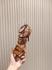 YSL 25S STILETTO HIGH-HEEL SANDALS 100 MM IN BROWN LAMBSKIN WITH GOLD HARDWARE