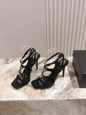 YSL 25S STILETTO HIGH-HEEL SANDALS 100 MM IN BLACK LAMBSKIN WITH GOLD HARDWARE
