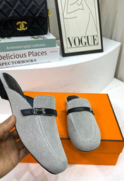 IENA MULE  GRAY CANVAS AND BLACK CALFSKIN