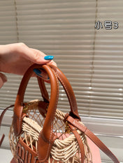 WOVEN HOLLOW BAG 18 IN BEIGE RATTAN AND BROWN CALFSKIN TRIM