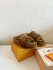 LV SUNSET PLATFORM COMFORT MULE IN CHOCOLATE BROWN SHEARLING