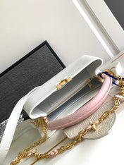 CAPUCINES BB 27 IN WHITE MIX PINK AND BEIGE TAURILLON GOLD HARDWARE