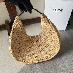 CELINE PANIER HOBO BAG 33 IN RAFFIA AND CALFSKIN LOGO BROWN