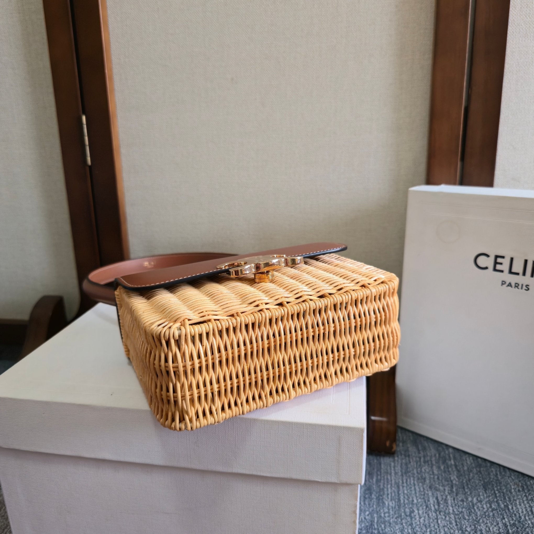 CELINE 25S TEEN GARANCE BAG 18 IN WICKER AND CARAMEL BROWN CALFSKIN