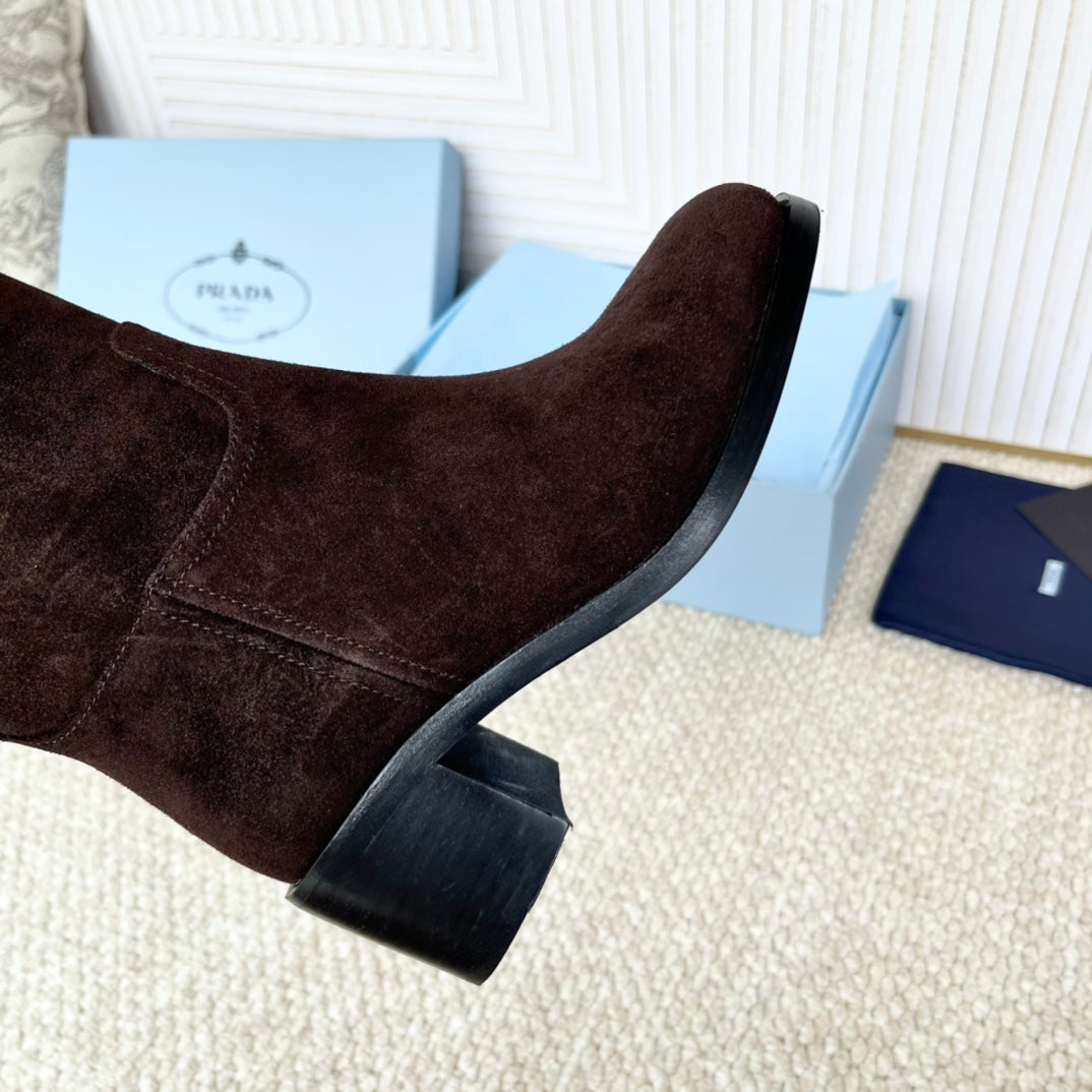 PRADA 25S HIGH-CUT BOOTS 55 MM IN DARK BROWN SUEDE
