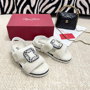 VIV' WINTER FUR STRASS BUCKLE SANDALS IN WHITE SHEEPSKIN