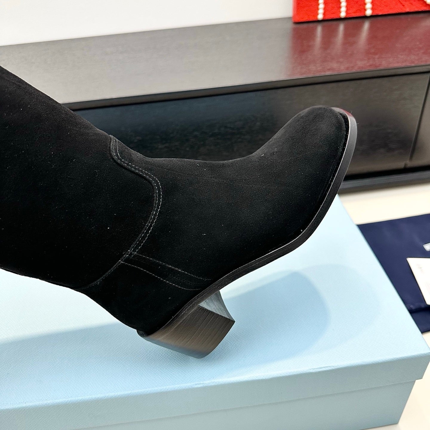 PRADA 25S HIGH-CUT BOOTS 55 MM IN BLACK SUEDE