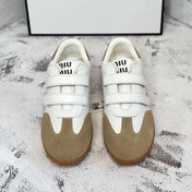 RETRO SNEAKERS WITH RIPTAPE STRAPS IN WHITE LAMBSKIN MIX PEANUT SUEDE