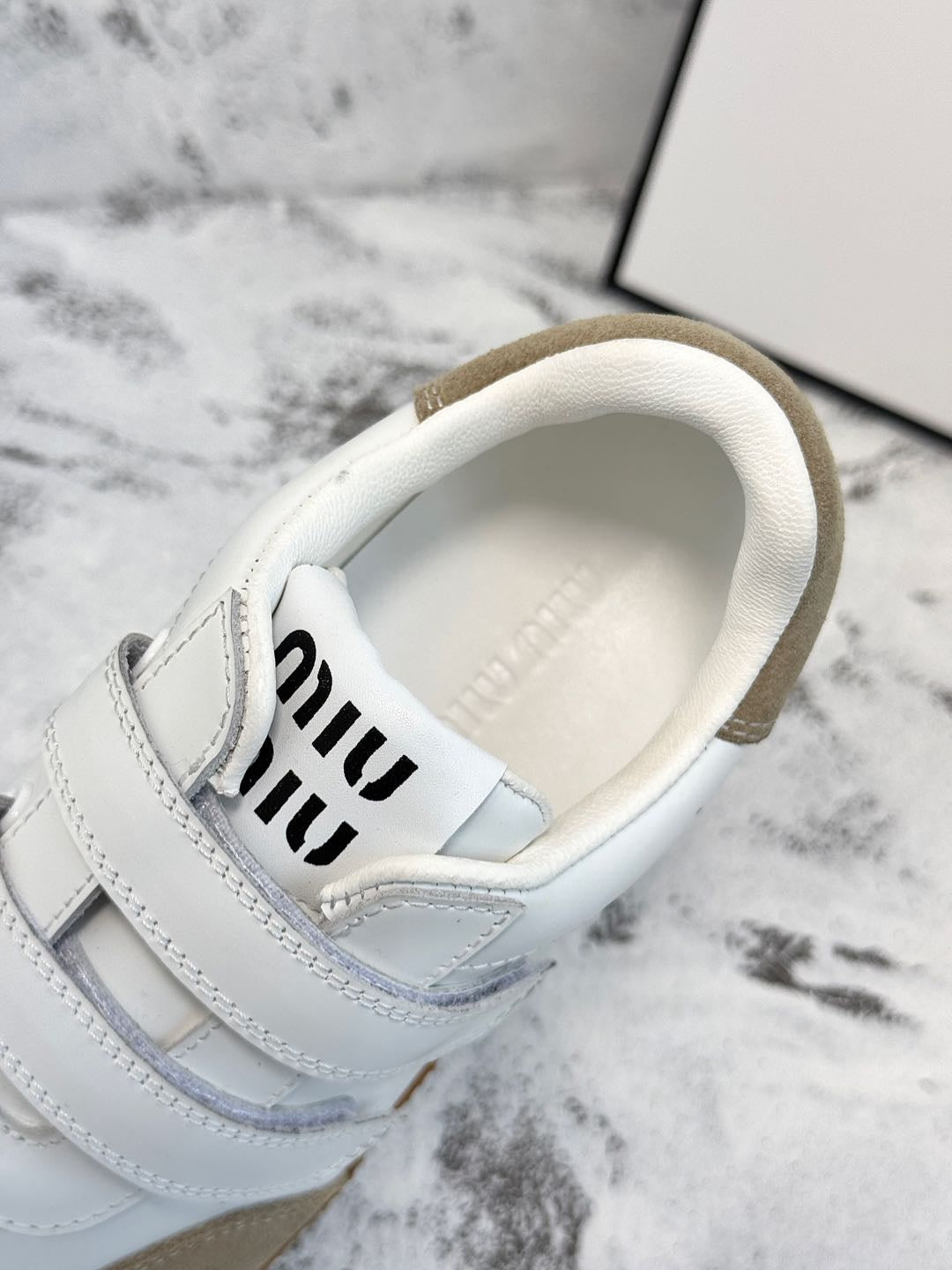 RETRO SNEAKERS WITH RIPTAPE STRAPS IN WHITE LAMBSKIN MIX PEANUT SUEDE