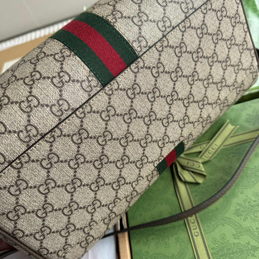 OPHIDIA LARGE BOSTON BAG 31 IN BEIGE EBONY GG BROWN CALFSKIN TRIM