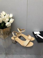 BLOCK HEEL WITH CRYSTAL 5 CM SANDAL IN SAND BROWN FABRIC