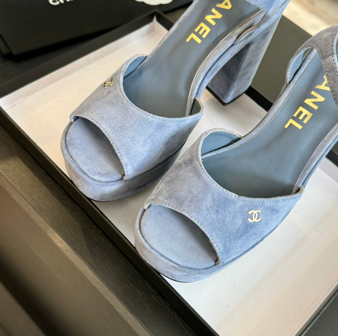 HIGH HEEL PLATFORM SANDALS IN PIGEON BLUE SUEDE