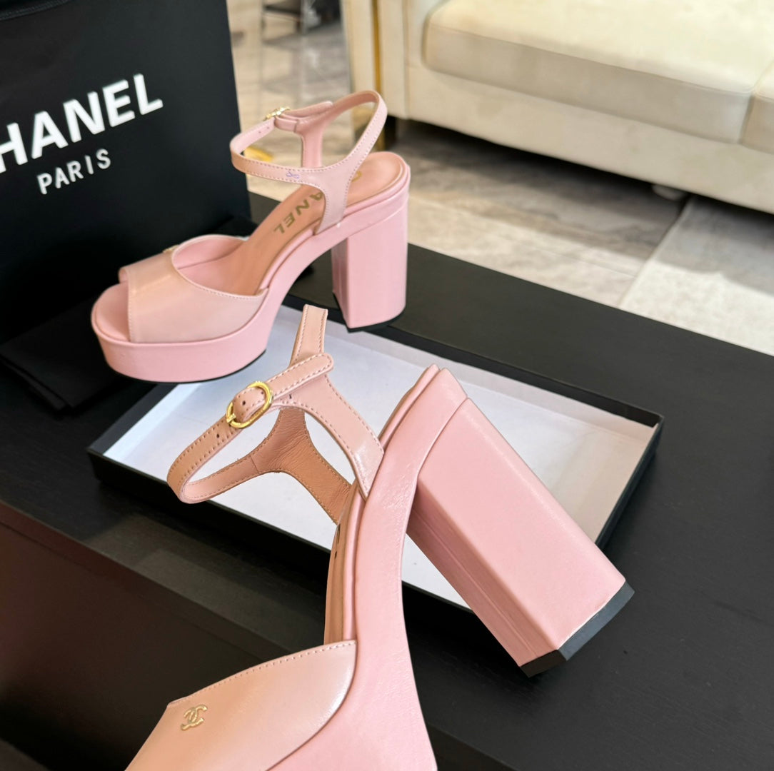 HIGH HEEL PLATFORM SANDALS IN PEACH PINK CALFSKIN