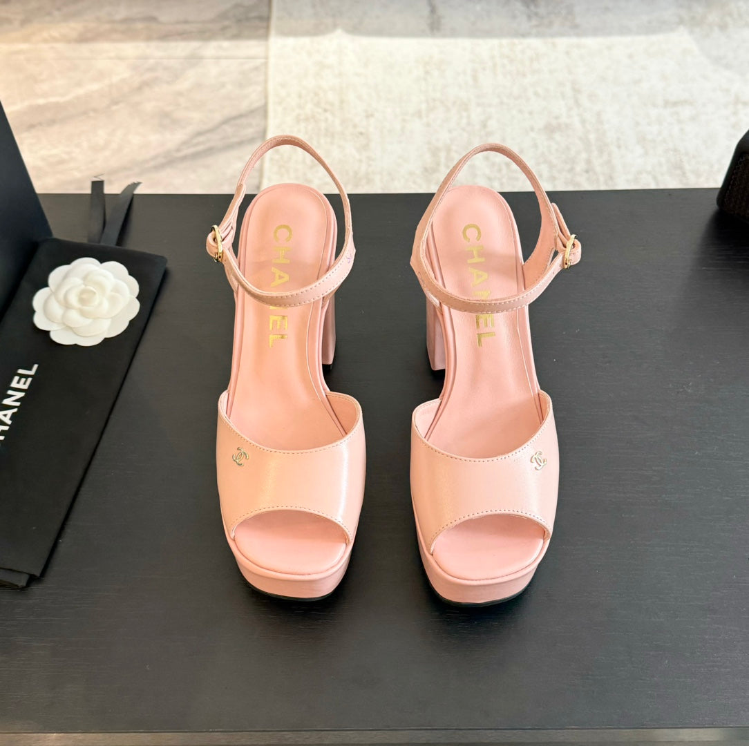 HIGH HEEL PLATFORM SANDALS IN PEACH PINK CALFSKIN