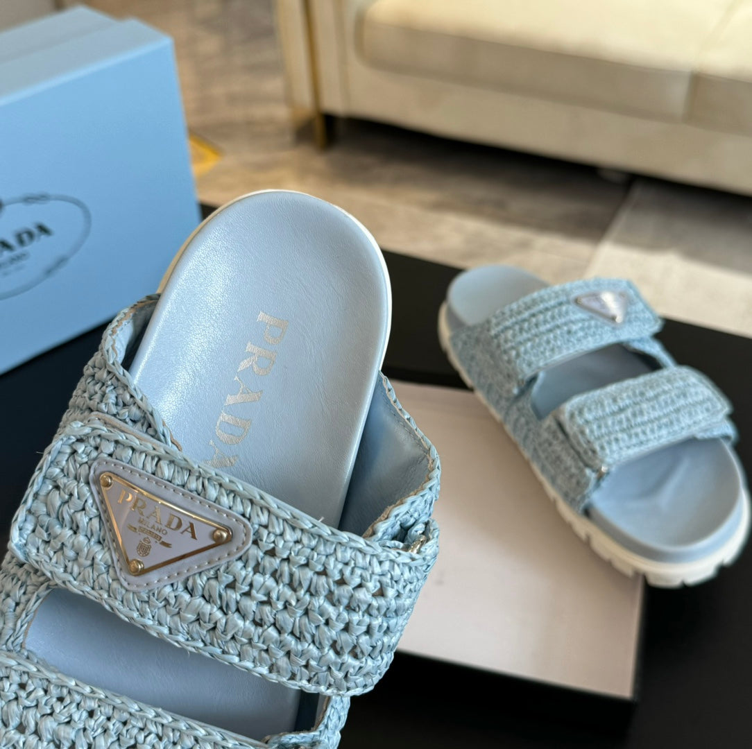 PRA RAFFIA CORK SLIDE SKY CALFSKIN