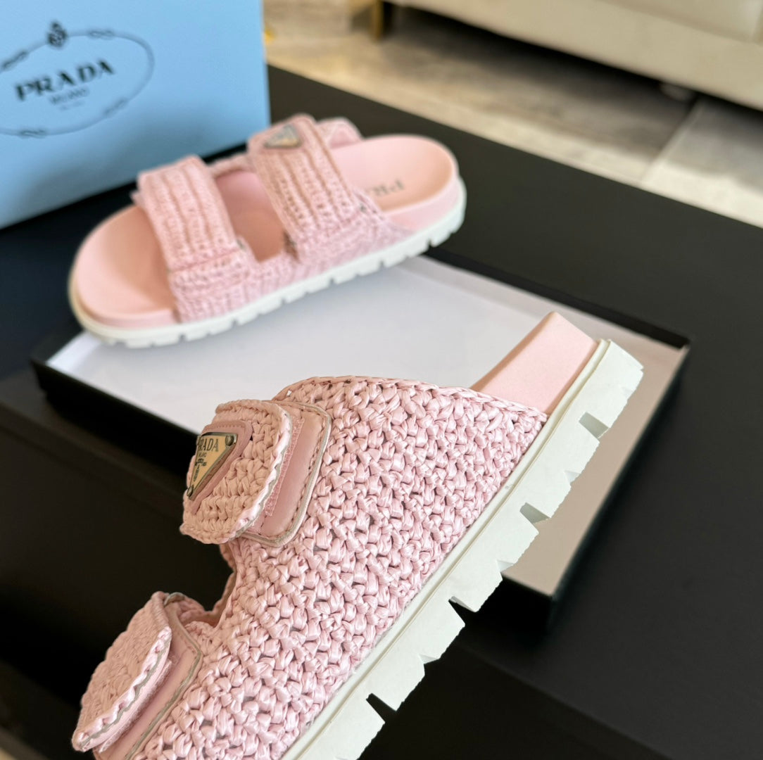 PRA RAFFIA CORK SLIDE LIGHT PINK CALFSKIN
