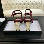 T-STRAP PEARL HEEL 85 MM SANDALS IN SANGRIA RED SUEDE