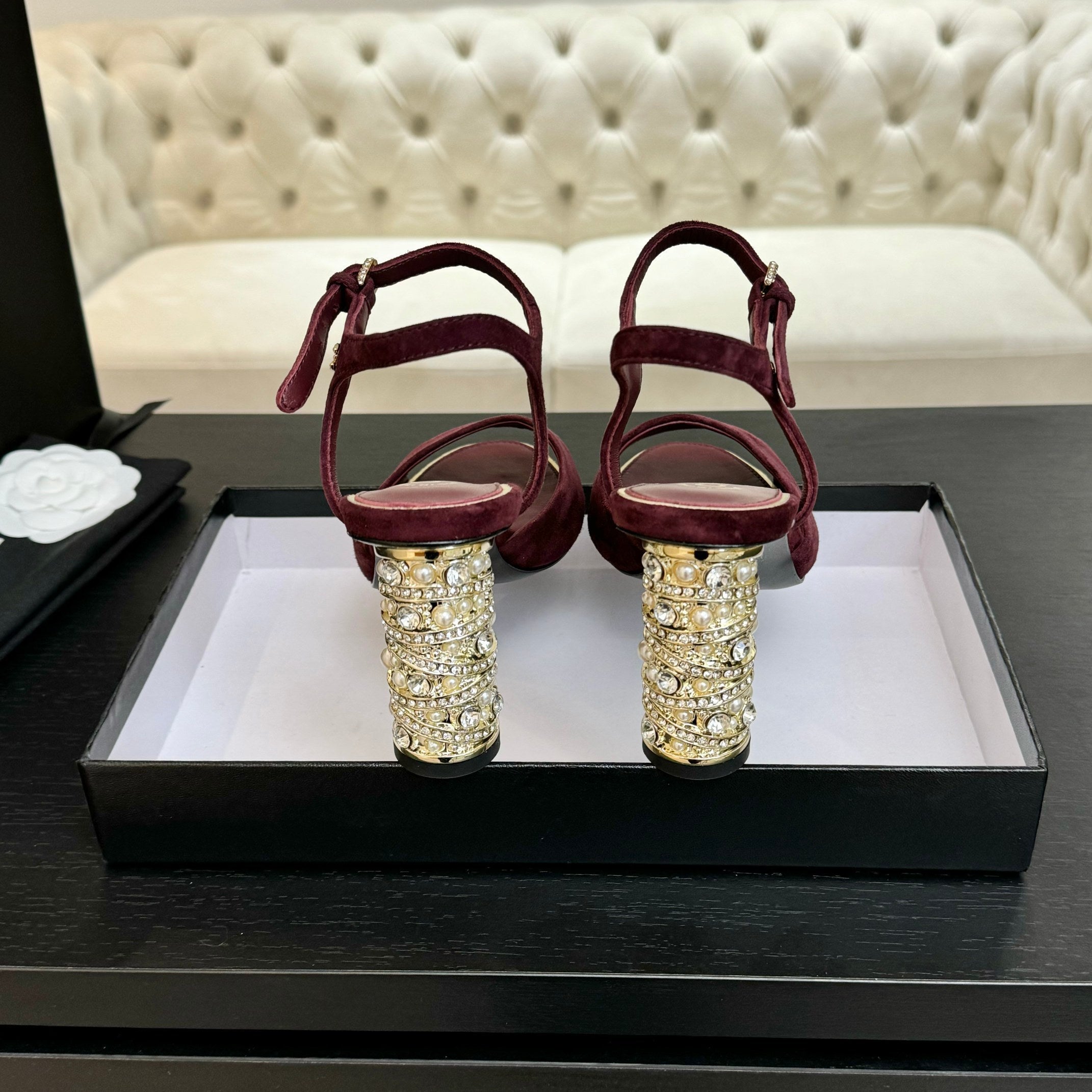 T-STRAP PEARL HEEL 85 MM SANDALS IN SANGRIA RED SUEDE