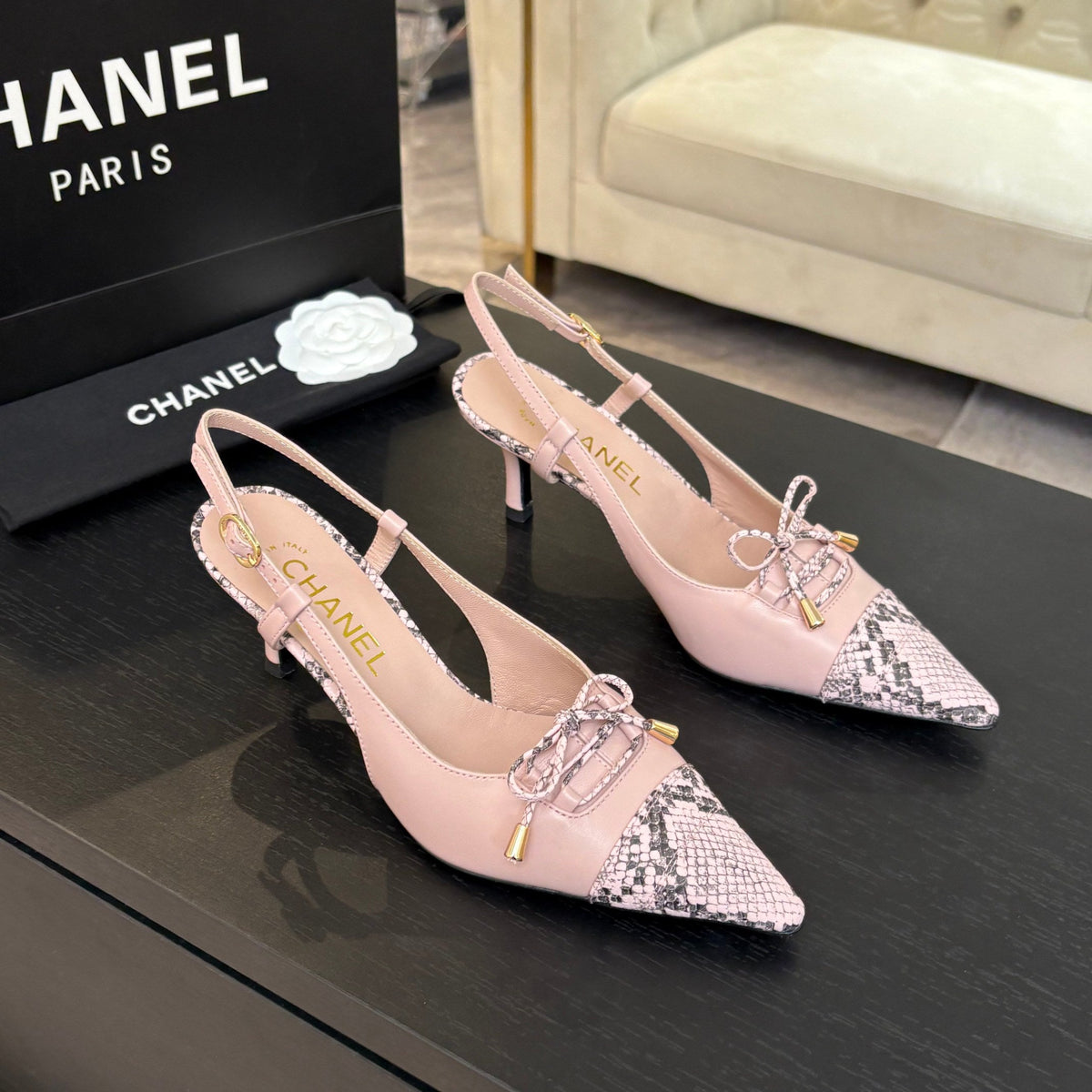 HIGH HEEL SLINGBACKS 65 MM IN BABY PINK WITH SNAKESKIN PATTERN LAMBSKIN
