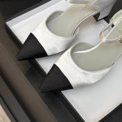 BLOCK HEEL SLINGBACKS IN SILVER MIX BLACK SILK FABRIC