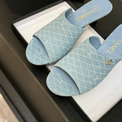 PEEP TOE MULE 55MM IN SKY BLUE DENIM CHECKERED AND LOGO