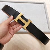 HM H D'ANCRE BELT BUCKLE & REVERSIBLE BLACK AND BRONZE BROWN LEATHER STRAP 38 MM GOLD HARDWARE