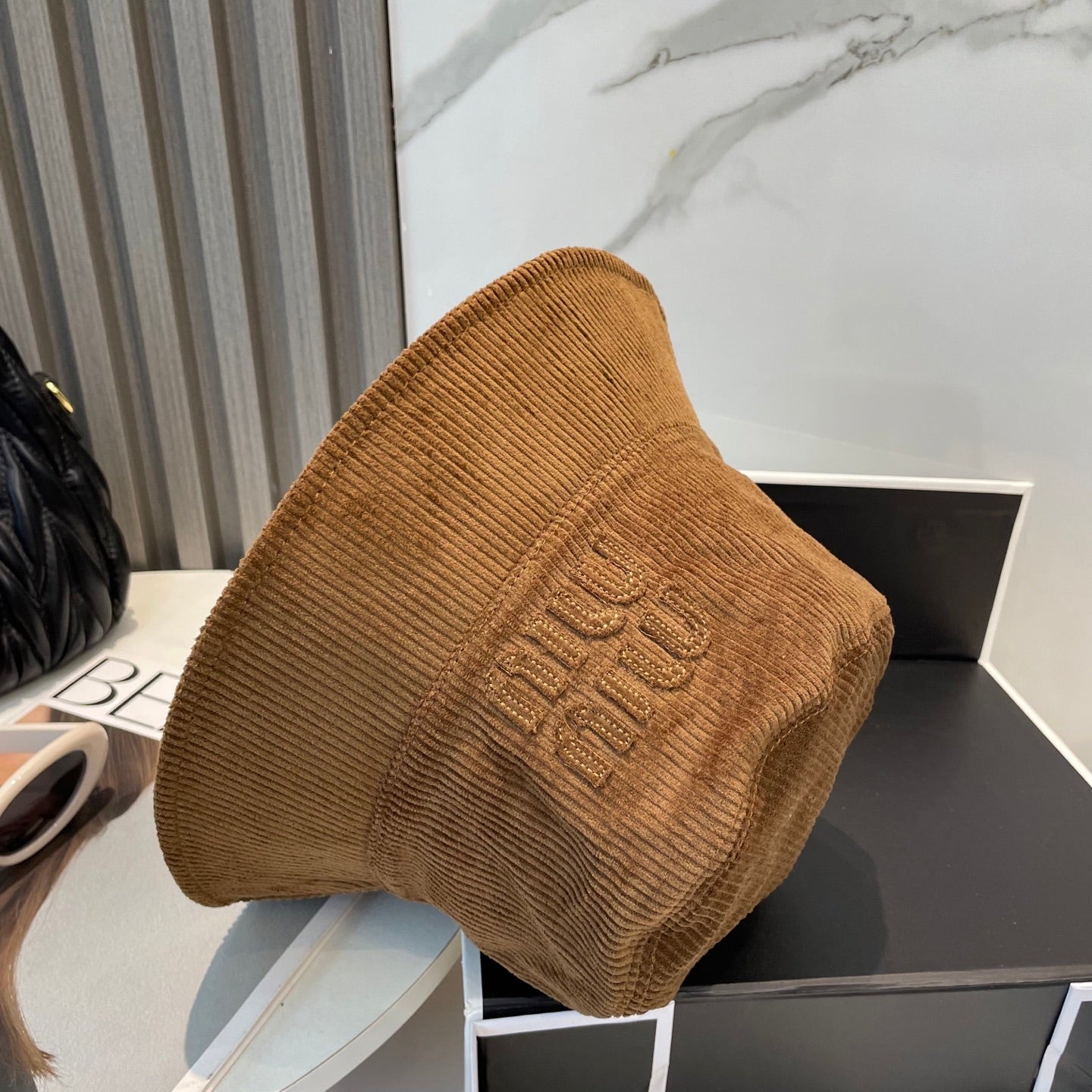 MM BUCKET IN BURNT ORANGE VELVET WITH LOGO