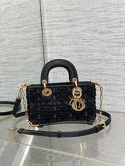 MINI LADY BAG 16 IN BLACK SATIN AND CALFSKIN WITH BEADED DESIGN