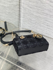 MINI LADY BAG 16 IN BLACK SATIN AND CALFSKIN WITH BEADED DESIGN