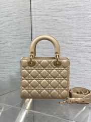 DIOR 25S LADY DIOR BAG 20 IN SAND BEIGE CALFSKIN CHARM PEARL EMBELLISHMENTS