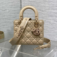 DIOR 25S LADY DIOR BAG 20 IN SAND BEIGE CALFSKIN CHARM PEARL EMBELLISHMENTS
