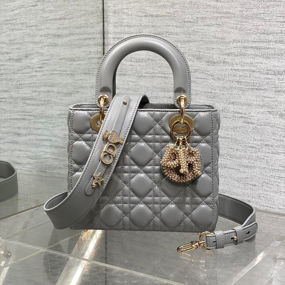 DIOR 25S LADY DIOR BAG 20 IN DARK GRAY CALFSKIN CHARM PEARL EMBELLISHMENTS