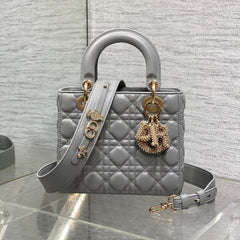 DIOR 25S LADY DIOR BAG 20 IN DARK GRAY CALFSKIN CHARM PEARL EMBELLISHMENTS