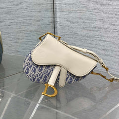 DIOR 25S MINI SOFT SADDLE BAG 19 IN BLUE DIOR OBLIQUE CHAMBRAY AND IVORY SMOOTH CALFSKIN