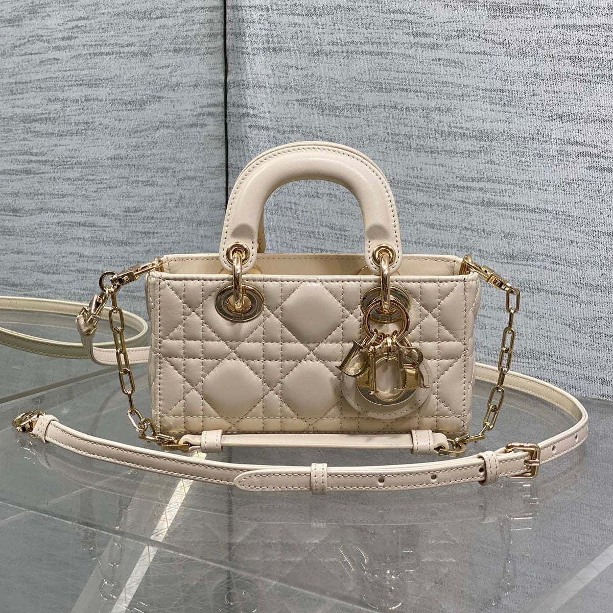 DIOR 25S MICRO LADY D-JOY 16 IN BEIGE LAMBSKIN GOLD HARDWARE