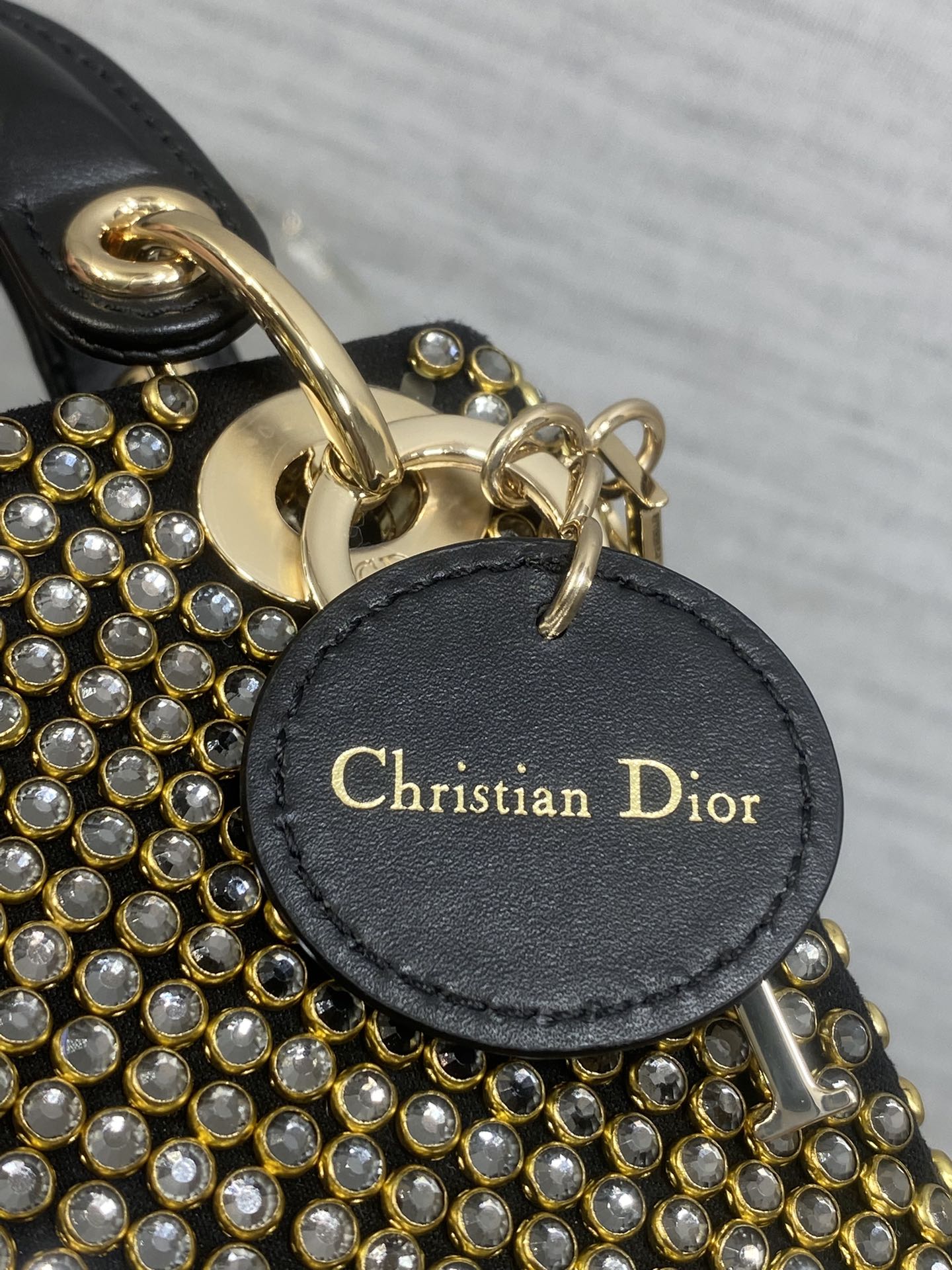 DIOR 25S MINI LADY D-LITE BAG 12 IN BLACK CANVAS AND CALFSKIN CRYSTAL-STUDDED