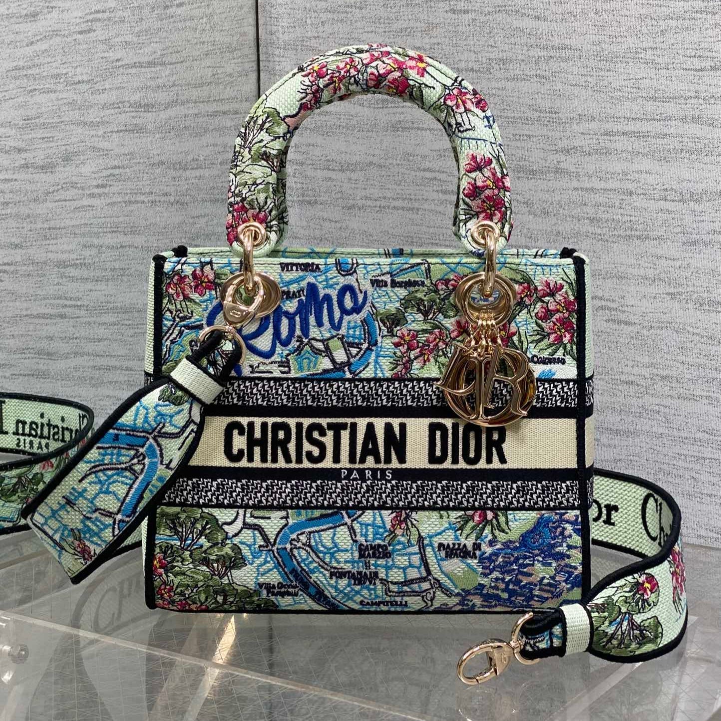 DIOR 25S SMALL LADY D-LITE BAG 24 IN BLUE AND WHITE CANVAS FLORAL EMBROIDERY
