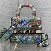 DIOR 25S SMALL LADY D-LITE BAG 24 IN BLUE AND WHITE CANVAS FLORAL EMBROIDERY