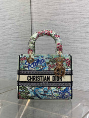 DIOR 25S SMALL LADY D-LITE BAG 24 IN BLUE AND WHITE CANVAS FLORAL EMBROIDERY