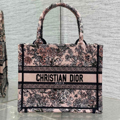 DIOR 25S LUCKY SMALL DIOR BOOK TOTE 26 IN PINK MULTICOLOR DIOR FLOWERS CALENDAR ALLOVER EMBROIDERY