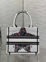DIOR 25S LUCKY SMALL DIOR BOOK TOTE 26 IN WHITE MULTICOLOR DIOR STAR EMBROIDERY