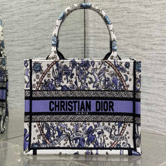 DIOR 25S SMALL BOOK TOTE 26 IN WHITE AND PURPLE DIOR NIGHT OF DREAMS EMBROIDERY