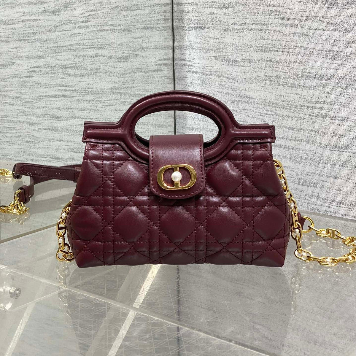 DIOR 25S JOLIE TOP HANDLE MINI BAG 18 IN BURGUNDY CALFSKIN GOLD HARDWRE