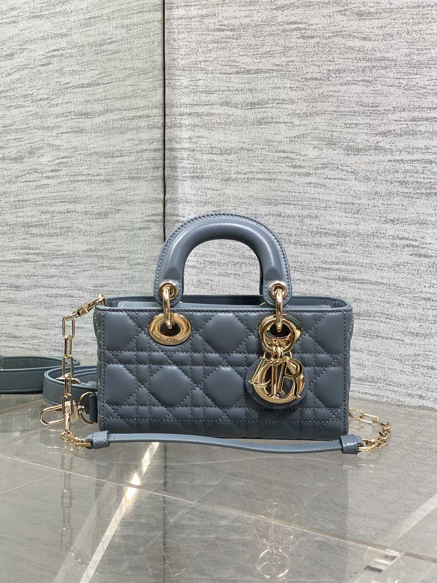 DIOR 25S SMALL LADY D‑JOY BAG 19 IN STEEL BLUE GRAY CANNAGE CALFSKIN GOLD HARDWARE