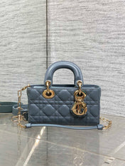 DIOR 25S SMALL LADY D‑JOY BAG 19 IN STEEL BLUE GRAY CANNAGE CALFSKIN GOLD HARDWRE