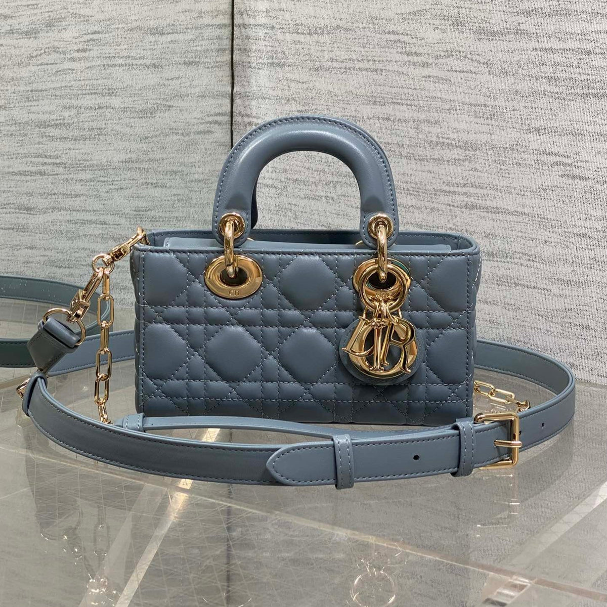 DIOR 25S SMALL LADY D‑JOY BAG 19 IN STEEL BLUE GRAY CANNAGE CALFSKIN GOLD HARDWARE