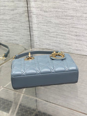 DIOR 25S SMALL LADY D‑JOY BAG 19 IN STEEL BLUE GRAY CANNAGE CALFSKIN GOLD HARDWRE